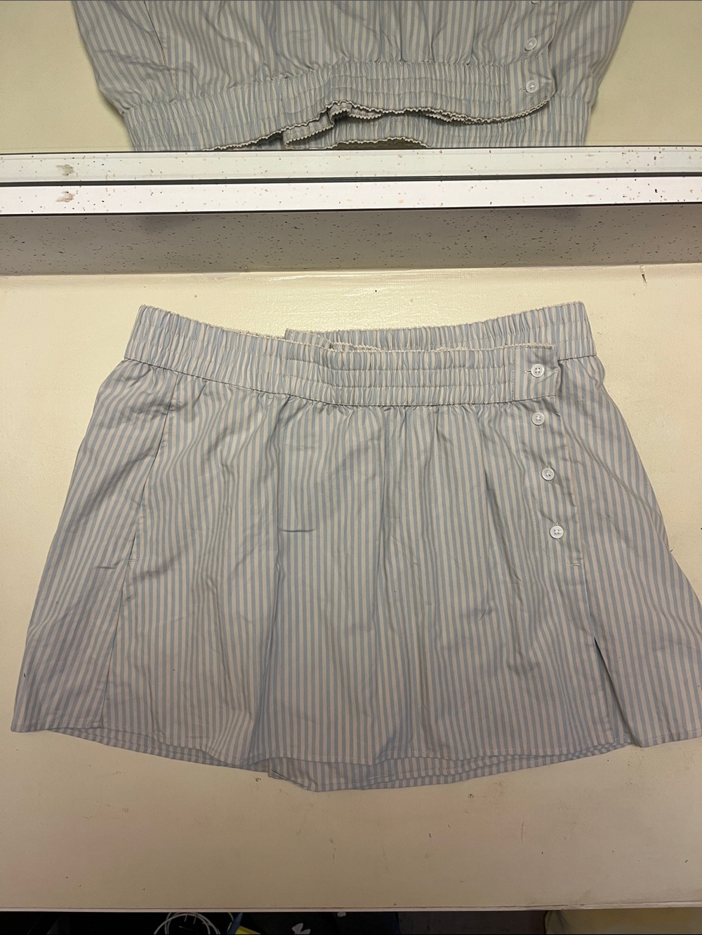 Striped Mini Skirt with Button Trim - Light Blue